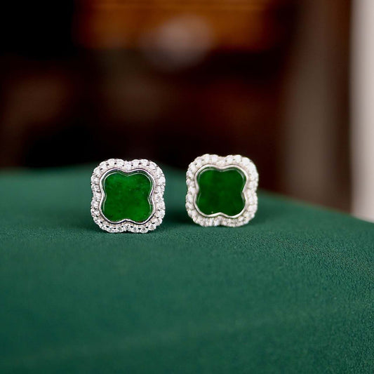 Natural Jadeite four-leaf clover earrings