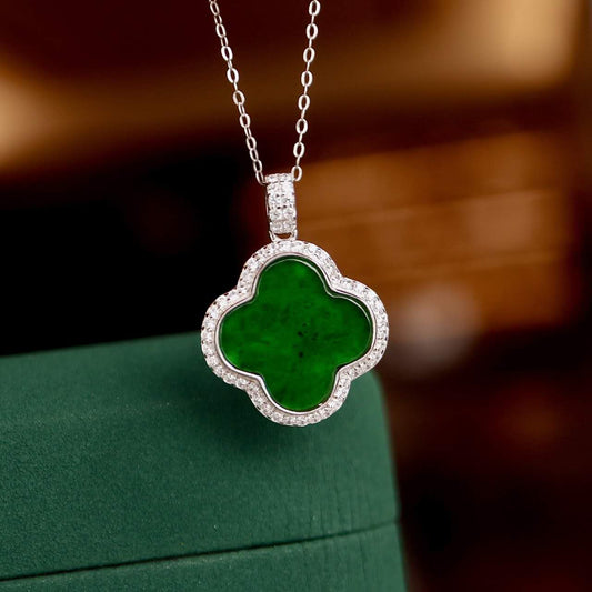 Natural Jade Four-Leaf Clover Pendant 925 silver