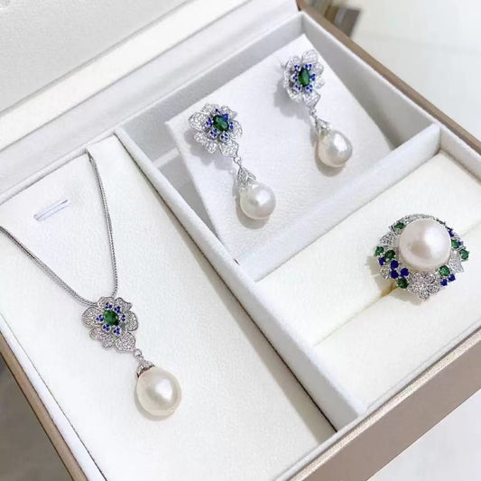 Natural pearl three=piece set s925 silver baroque pearl necklace earring ring